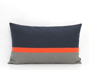 Navy Blue, Orange and Grey Colorblock Lumbar Pillow Cover - All Sizes, Home gifts for you