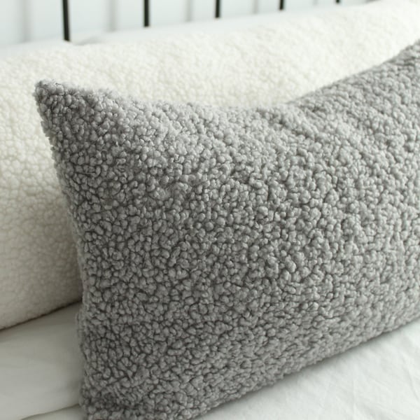 DOUBLE SIDED Cozy Teddy Boucle Throw Pillow Cover, Fluffy Lumbar 10 Colors, Extra Long Headboard Body Cushion