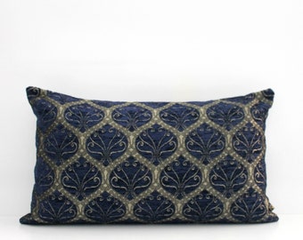 FINAL STOCKS Navy Blue and Gold Ottoman Turkish Lumbar Pillow Cover 12x20  - Luxury Boho Chenille throw pillow - , Home gifts for you