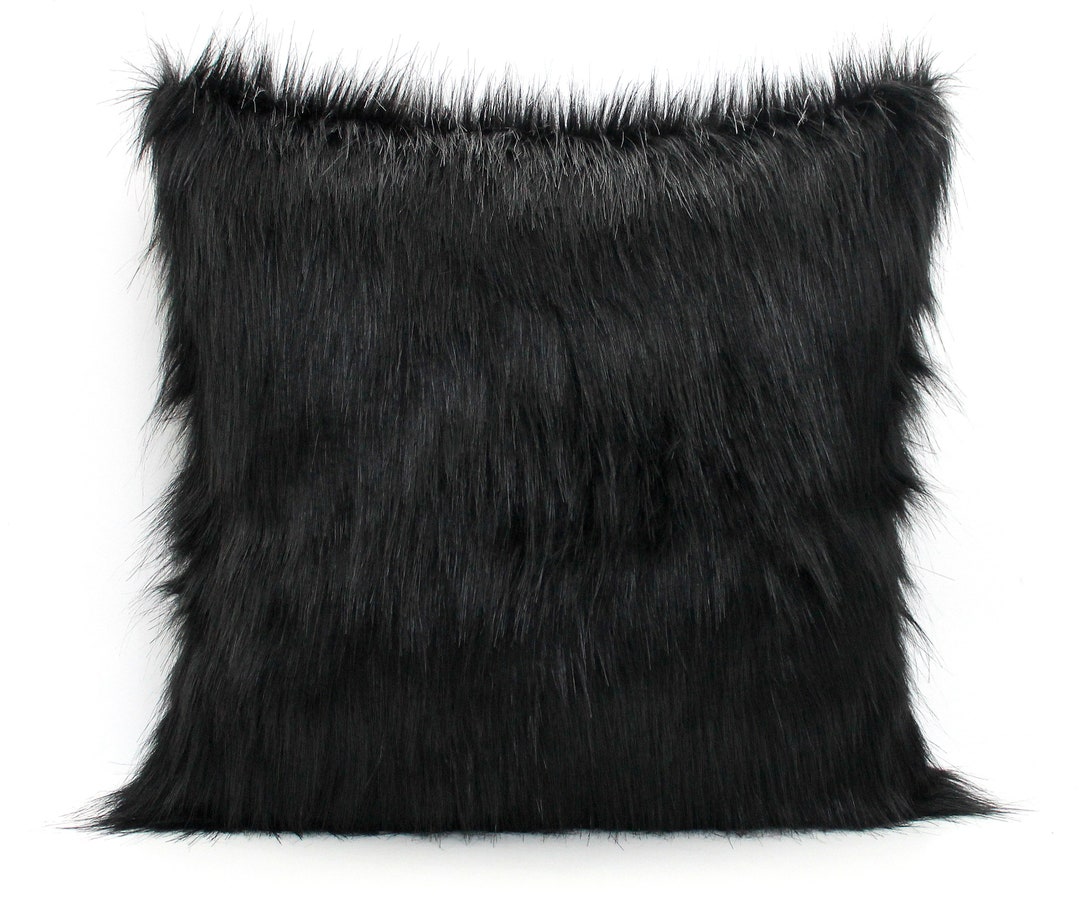 Black Faux Fur Pillow Cover - Custom Backing Color, Luxury Silky