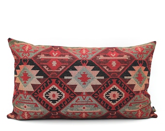 Turkish Pillow Cover, Maroon and Black Kilim Design Lumbar Boho Throw , Home gifts for you