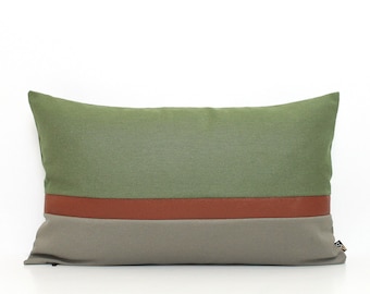Olive Green, Dark Grey and Brown Faux Leather Customizable Colorblock Lumbar Pillow Cover - All Sizes, Cozy Decor