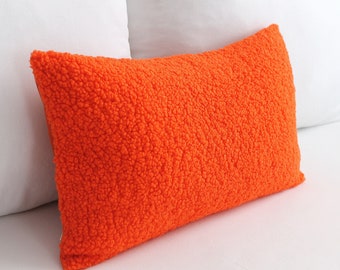 Bright Orange Cozy Teddy Throw Pillow Cover, 10 Colors Fluffy Boucle Textured Lumbar Holiday Decor (SINGLE SIDED)