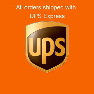 Puede incluir: Un logotipo de UPS marr&oacute;n con el texto "UPS" en letras doradas sobre una forma de escudo. El texto "All orders shipped with UPS Express" est&aacute; por encima del logotipo.