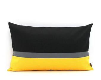 Funda de almohada con bloques de color, amarillo, negro y azul carbón, algodón resistente, todos los tamaños.