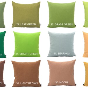 May include: A selection of square cushions in shades such as olive, leaf green, grass green, apple, kelly green, bright green, seafoam, camel, dark brown, light brown, mocha, and mustard. Each cushion is labelled with a colour name and number.
