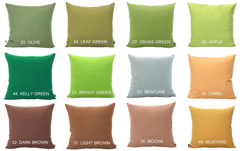 May include: A selection of square cushions in shades such as olive, leaf green, grass green, apple, kelly green, bright green, seafoam, camel, dark brown, light brown, mocha, and mustard. Each cushion is labelled with a colour name and number.