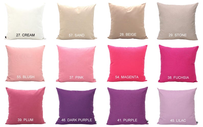 May include: A collection of square throw pillows in various solid colors, including cream, sand, beige, stone, blush, pink, magenta, fuchsia, plum, dark purple, purple, and lilac. Each pillow has a corresponding number and color name.