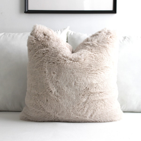 Luxurious Puffy Faux Fur Pillow Cover - Light Taupe Cozy Plush Faux Fur Home Decor Throw Cushion, Imitation Minky, Alpaca, Rabbit