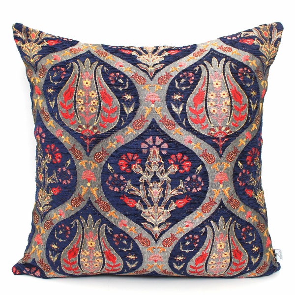 Navy Blue and Gold Ottoman Turkish Pillow Cover - Luxury Boho velvet throw pillow - All Sizes, Home gifts for you