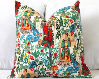 Frida Kahlo Pillow Cover, Beige Cushion, Mexican Art Throw, Cream Scatter Cushion, Nature, Botanical Home Decor, Boho Decorative