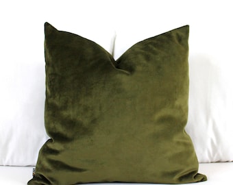 Funda de almohada de terciopelo verde oliva oscuro / Cojín decorativo de lujo verde musgo / Disponible en todos los tamaños lumbares y cuadrados.
