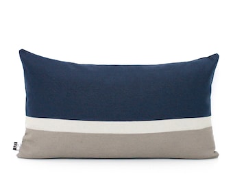Colorblock Lumbar Pillow Cover: Navy Blue & Grey Heavy Cotton, Customizable