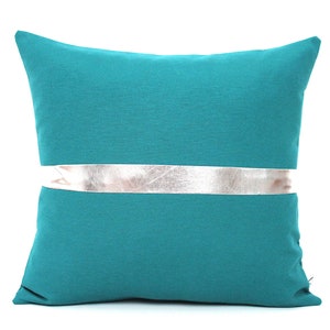 Dark Teal and Metallic Gold Pillow Colorblock Covers Metallic Stripe in Shiny Gold, Silver or Copper Silver