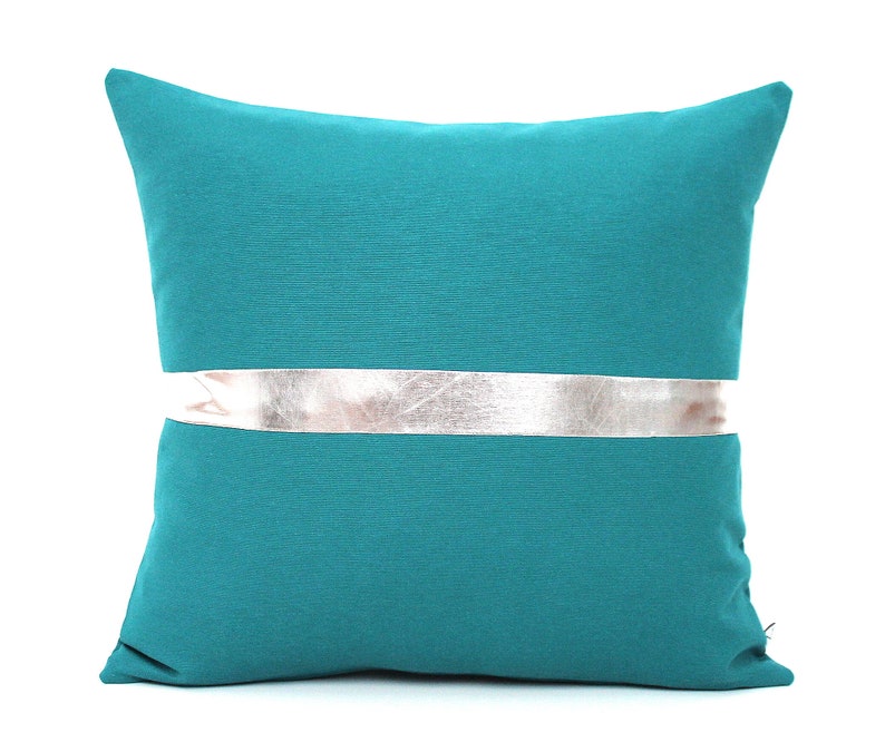 Dark Teal and Metallic Gold Pillow Colorblock Covers Metallic Stripe in Shiny Gold, Silver or Copper Silver