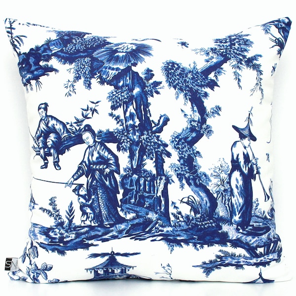 Blue and White Chinoiserie Toile Pillow Cover - Print Throw Pillow, Home gifts for you