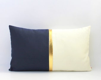 Navy Blue, Cream and Metallic Gold Colorblock Lumbar Pillow Cover - All Sizes - Modern Pillow, Home gifts for you