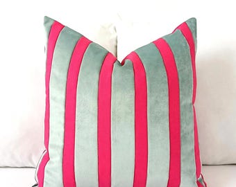 Aqua Glass & Hot Pink Pillow Cover, Modern Color Block Cushion, Magenta Velvet Stripe Throw Pillow, Contemporary Designer Decor, All Sizes