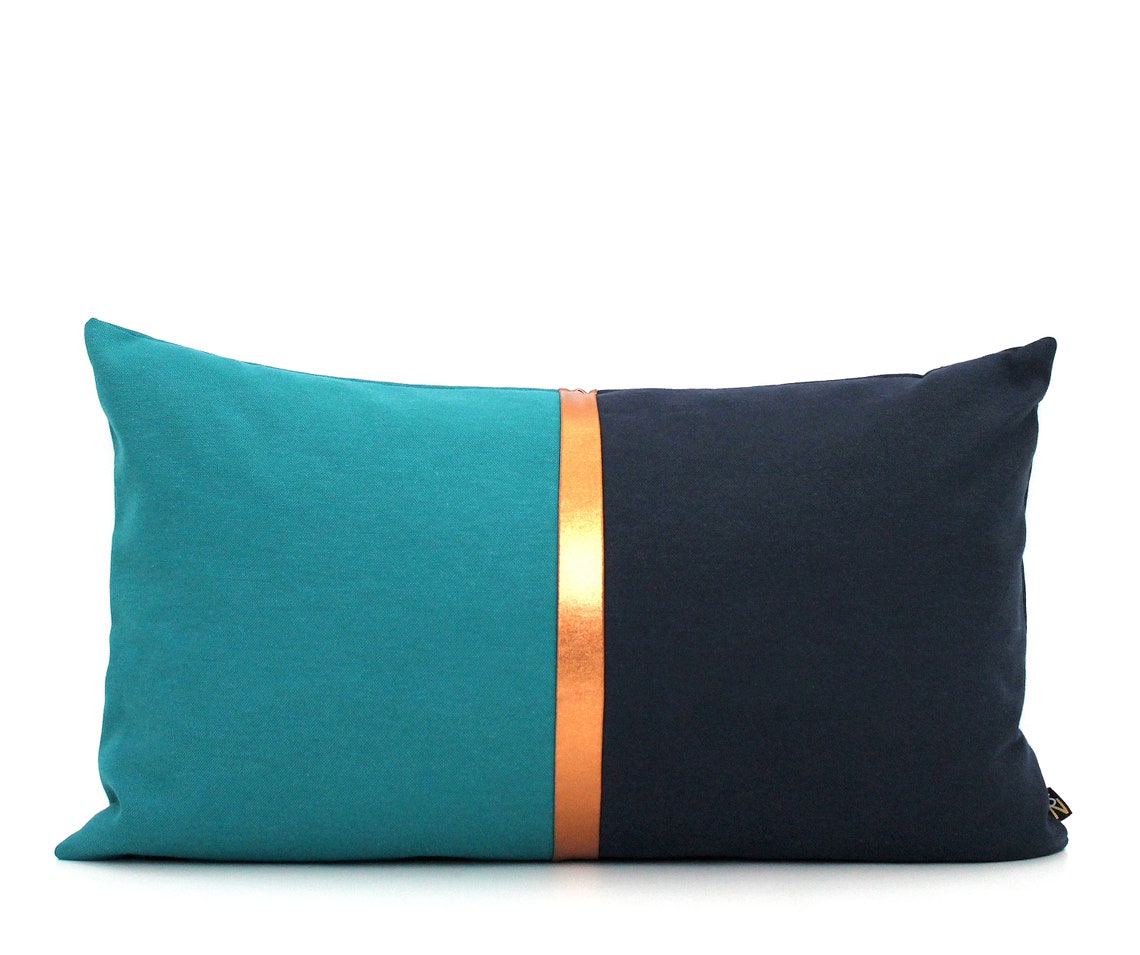 Dark Teal Navy Blue and Metallic Copper Pillow Colorblock Etsy