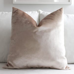 May include: A square throw pillow cover made of a soft, light taupe velvet fabric. The material features a subtle sheen that catches the light, creating variations in tone across the surface. The pillow has a classic, clean-edged design.