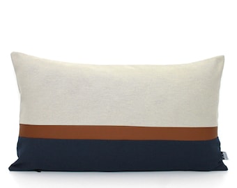 Light Grey, Brown Faux Leather and Navy Colorblock Pillow Cover - Custom Color - All Sizes, Home gifts for you