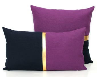 Pillow Cover in Navy Blue, Purple and Metallic Gold, Colorblock Pillow Cover, Bedroom, Living Room - ALL SIZES