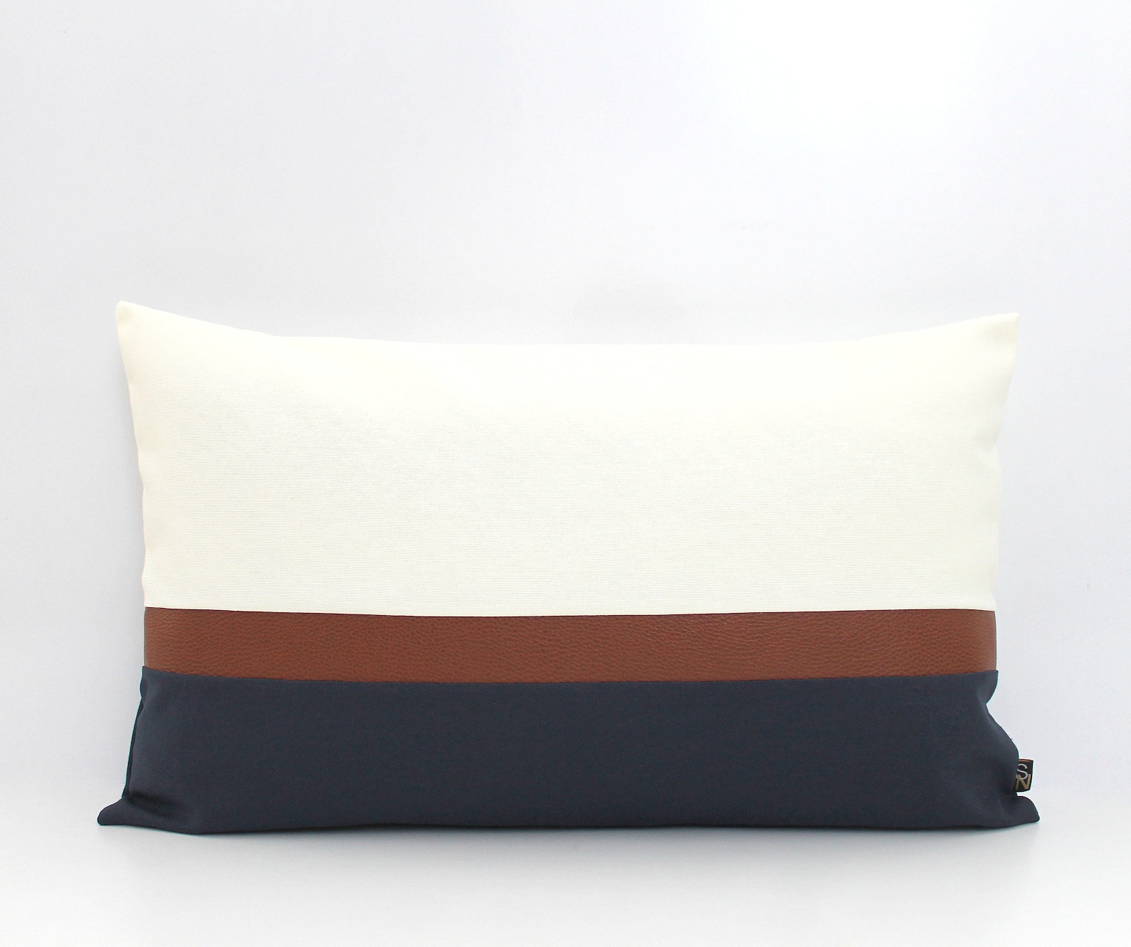 Cream, Brown Faux Leather and Navy Colorblock Pillow Cover - Custom ...