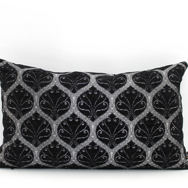 Black and Silver Ottoman Turkish Lumbar Pillow Cover - Luxury Boho Chenille throw pillow - All Sizes, Home gifts for you