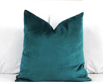 Funda de almohada de terciopelo verde azulado intenso / Cojín azul verdoso patinado / Cojín lumbar y cuadrado de lujo en tono joya