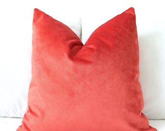Fiery Coral Velvet Pillow Cover, Luxury Cushion, Sunset Velvet Throw, All Lumbar & Square Sizes