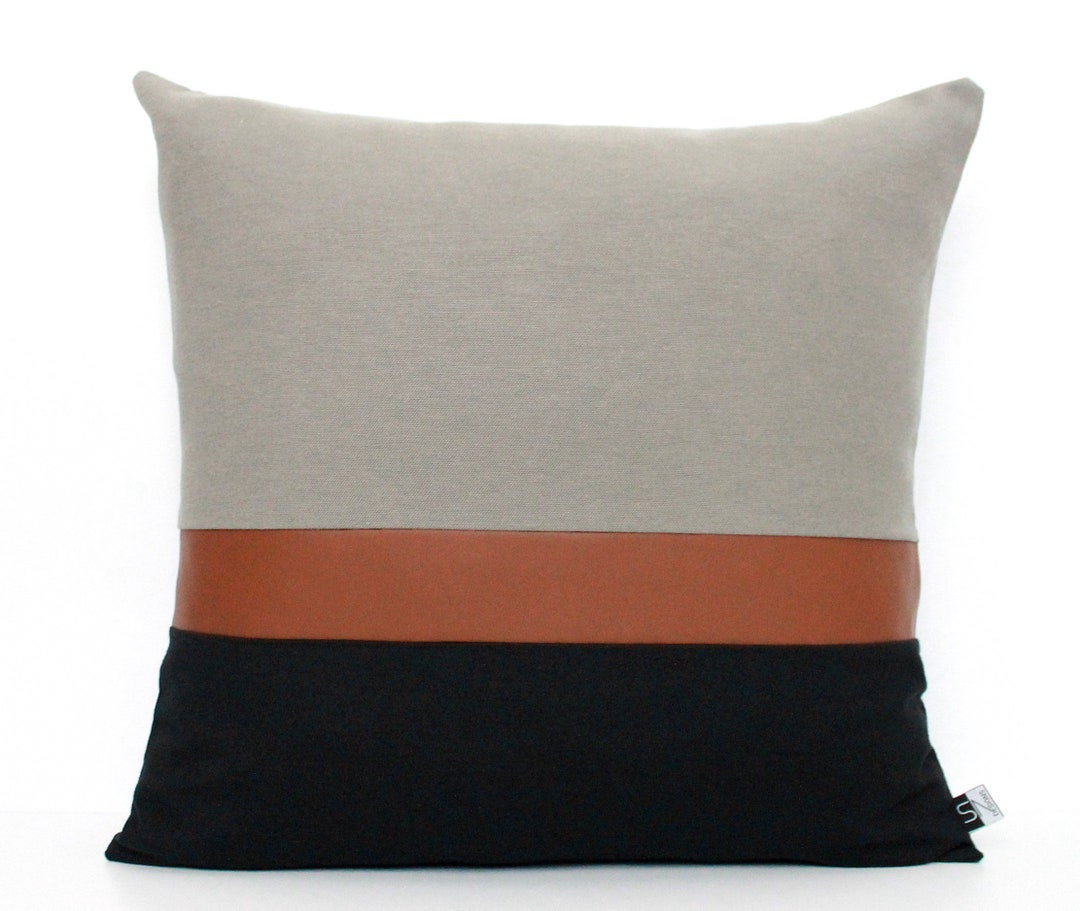 Dark Grey, Brown Faux Leather and Black Colorblock Pillow Cover - All ...
