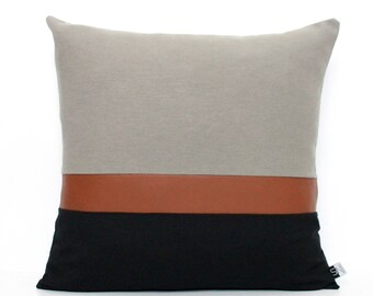 Dark Grey, Brown Faux Leather and Black Colorblock Pillow Cover - All Sizes, Home gifts for you