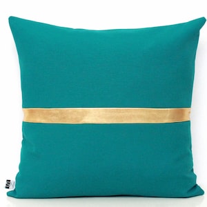 Dark Teal and Metallic Gold Pillow Colorblock Covers Metallic Stripe in Shiny Gold, Silver or Copper image 3