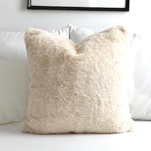 Luxurious Puffy Faux Fur Pillow Cover - Light Beige Cozy Plush Faux Fur Home Decor Throw Cushion, Imitation Minky, Alpaca, Rabbit Light Beige