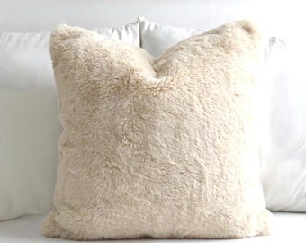 Luxurious Puffy Faux Fur Pillow Cover - Light Beige Cozy Plush Faux Fur Home Decor Throw Cushion, Imitation Minky, Alpaca, Rabbit
