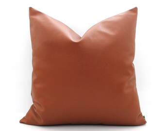 Saddle Brown Faux Leather Pillow Cover, Cognac Vegan Leather Cushion, Modern Throw Pillow, Rustic Western Decor