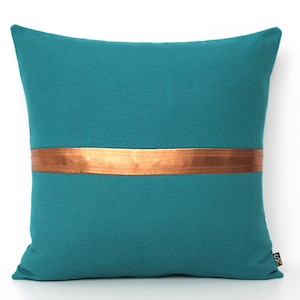 Dark Teal and Metallic Gold Pillow Colorblock Covers Metallic Stripe in Shiny Gold, Silver or Copper Copper