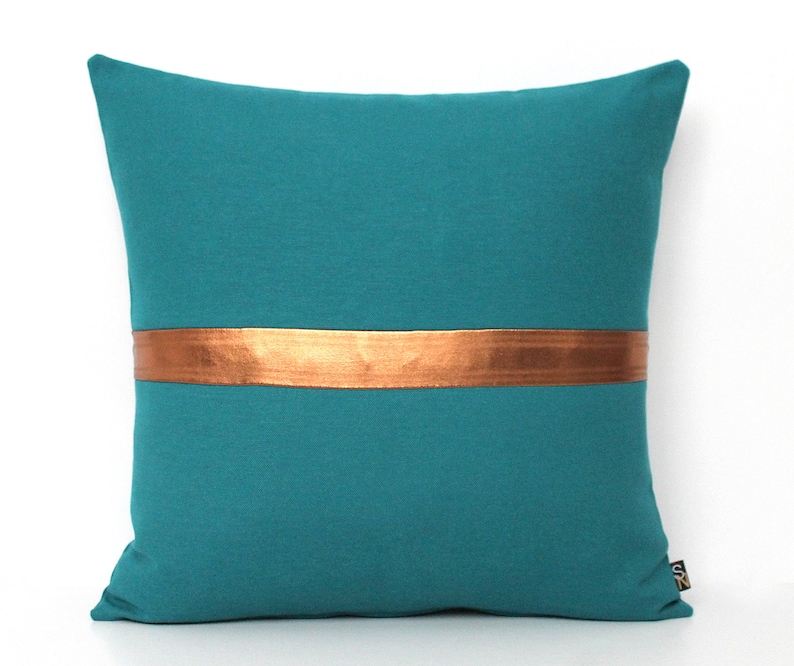 Dark Teal and Metallic Gold Pillow Colorblock Covers Metallic Stripe in Shiny Gold, Silver or Copper Copper
