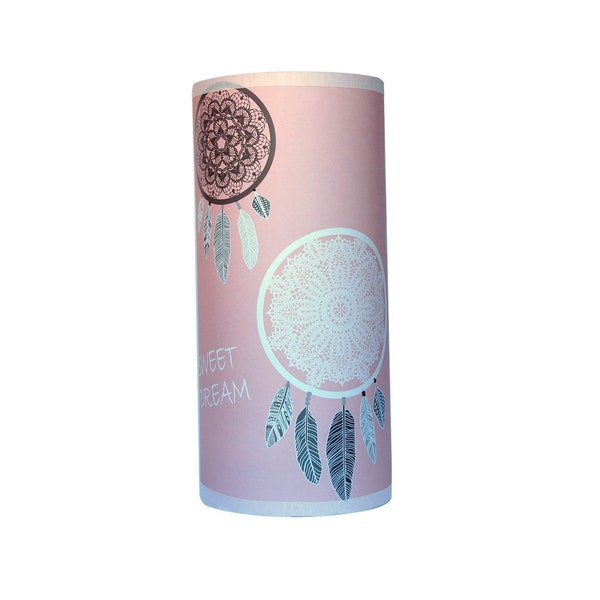 Lampe de chevet enfant, motif attrape rêves, tons rose et gris