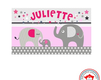 Plaque de porte enfant prénom,  thème éléphants, tons rose et gris