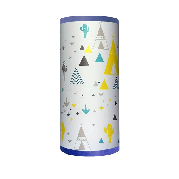 Children's bedside lamp, tipi cactus pattern, blue and yellow tones.