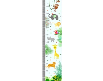 Toise personnalisable garçon, décoration murale pour chambre d'enfant, thème jungle, safari, tigre, éléphant, singe, tons vert et jaune.