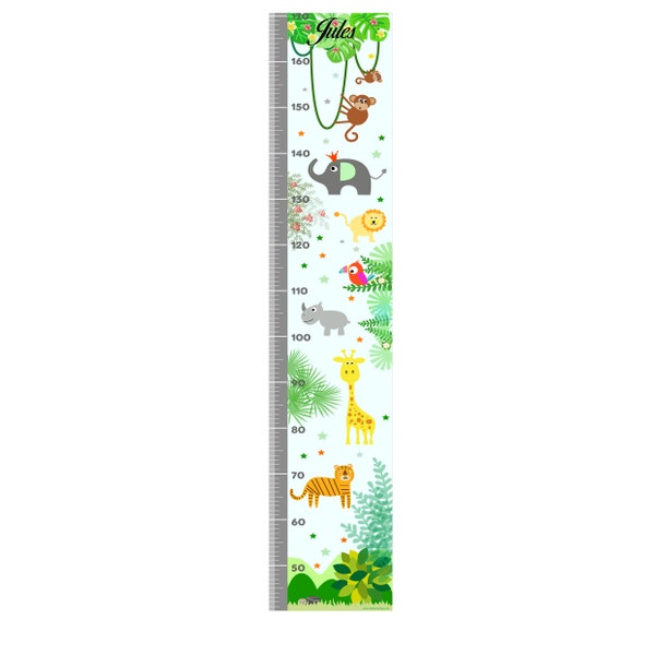 Toise personnalisable garçon, décoration murale pour chambre d'enfant, thème jungle, safari, tigre, éléphant, singe, tons vert et jaune.