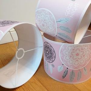 Children's lampshade, girls' bedroom pendant light, Dreamcatcher theme, pink and gray tones. image 2