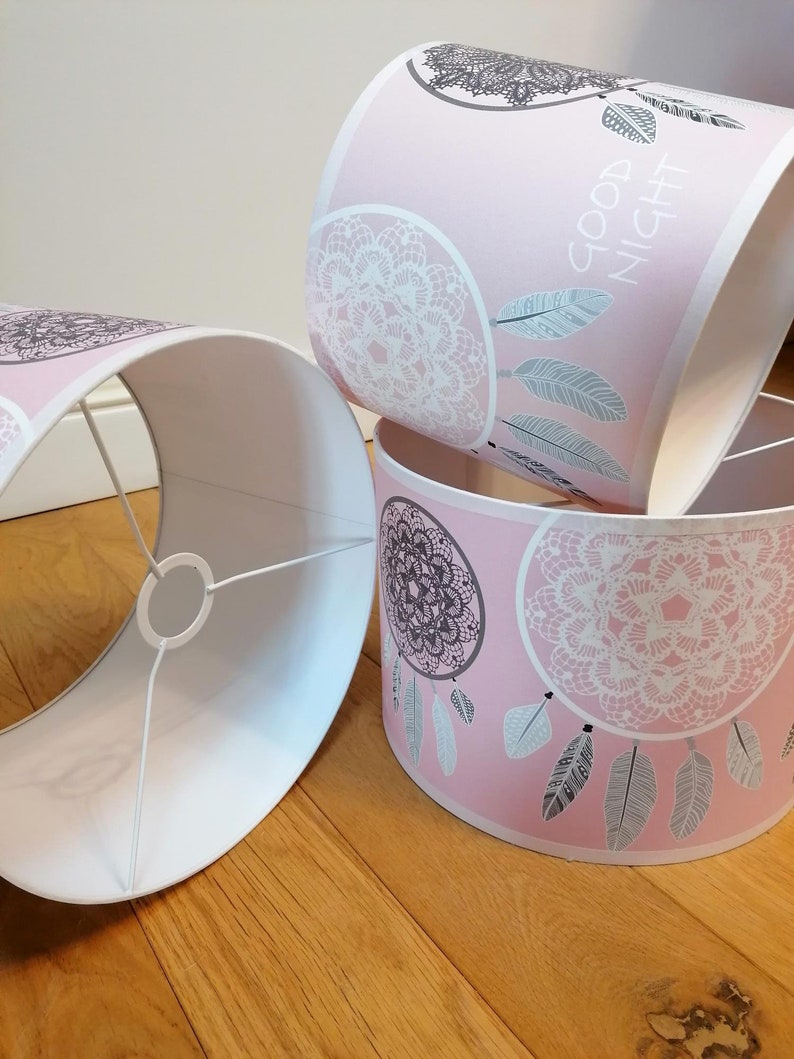 Children's lampshade, girls' bedroom pendant light, Dreamcatcher theme, pink and gray tones. image 2