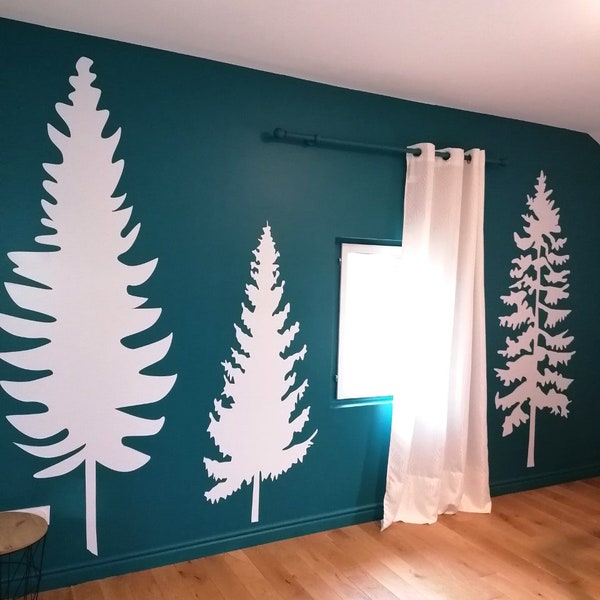 Stickers, décoration murale, thème forêt de sapins, couleurs au choix.