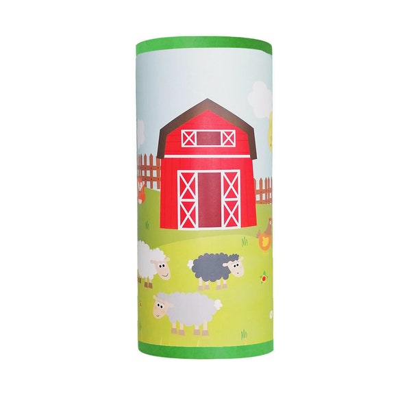 Lampe de chevet enfant, motif la ferme, tons vert et bleu.