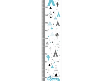 Boy toise, wall decoration for children's room, teepee theme, cactus, blue and gray tones.