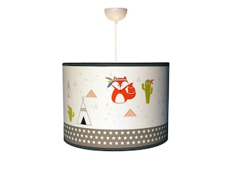 Lampshade, children's suspension, fox and Indian theme, teepee, cactus, gray color