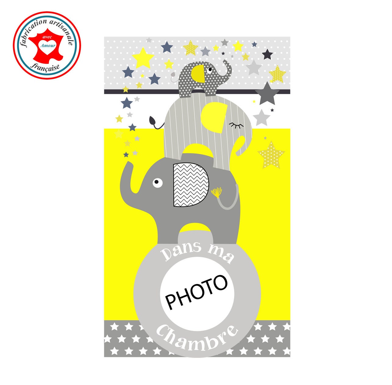 Plaque de Porte Pour Chambre Enfant, Thème Éléphants, Tons Jaune Gris, avec Photo à Insérer